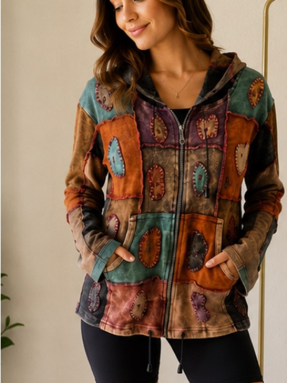 Boho Patchwork Acid Wash Zip Up Hoodie Jacket